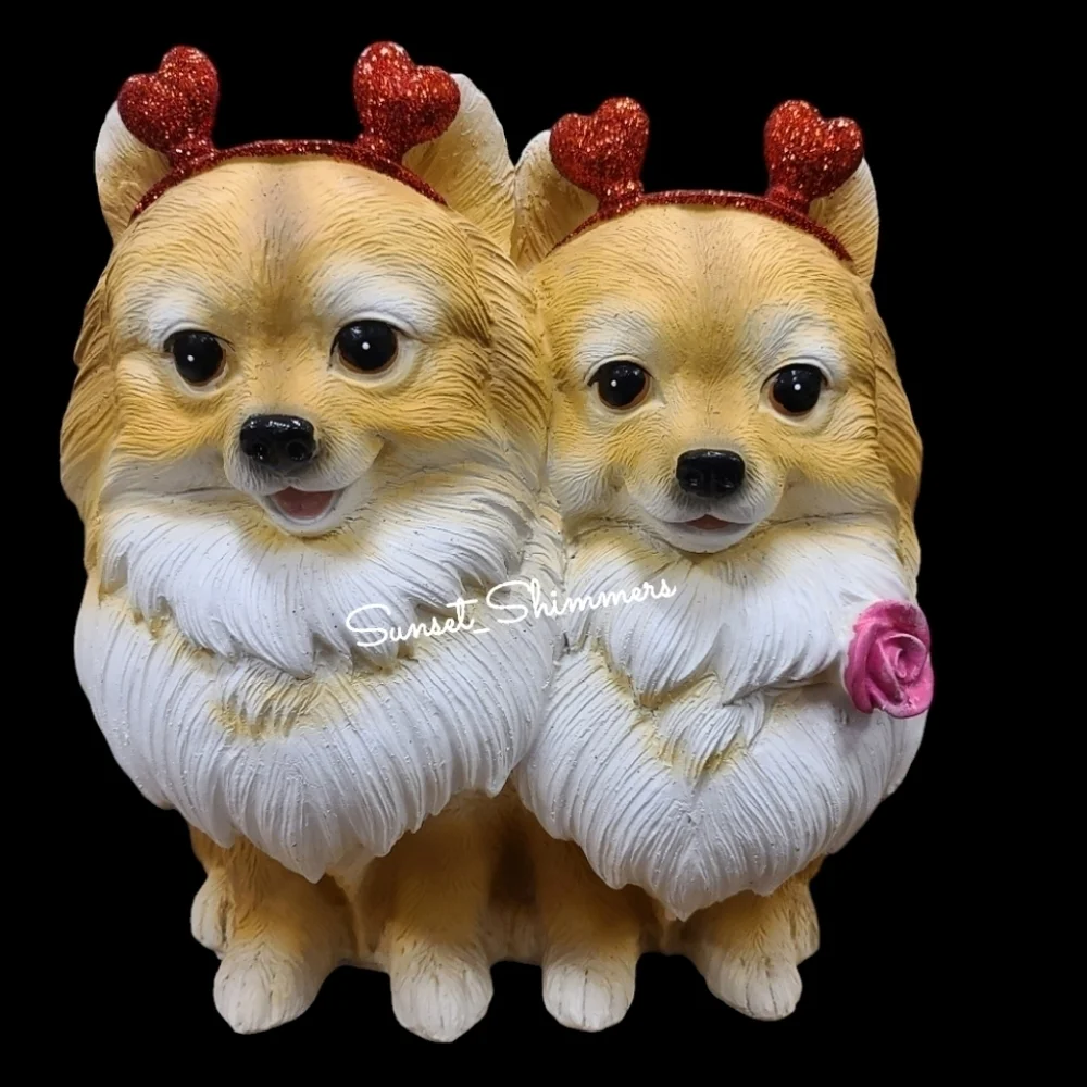 Valentines Pomeranian Pom Dogs Hearts & Rose Resin Figure Statue Decor